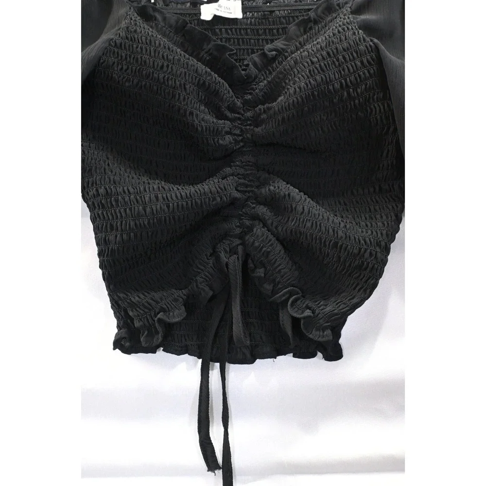 Active USA Black Smocked Crop Top Puff Sleeve Ruched Tie Front Blouse M Y2K Sexy
